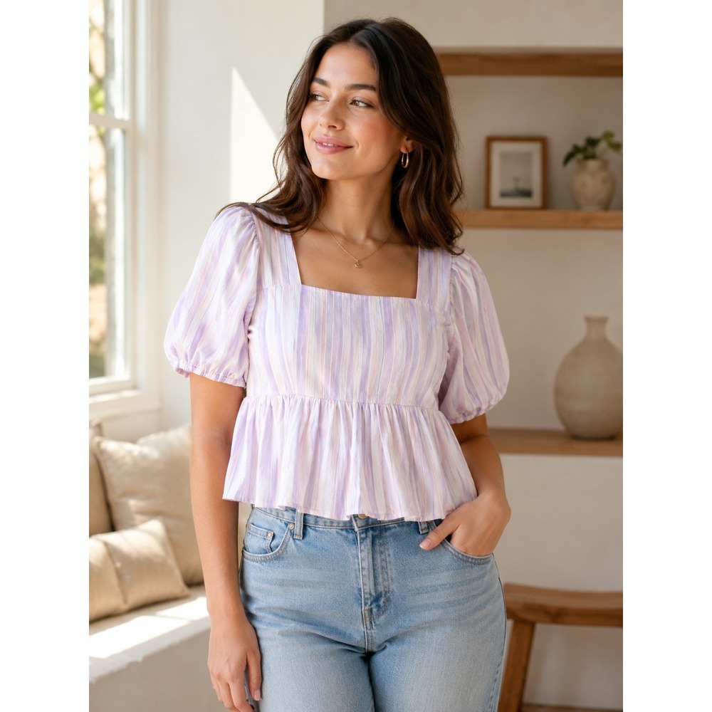NWT Women Plus Size 1X Boho Peasant Top Puff Sleeve Smock Back Purple Stripe New